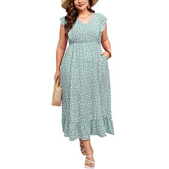 Plus Size Sleeveless Casual Summer Dress for Women Elegant Flounce Hem Flowy Maxi Dress with Pockets