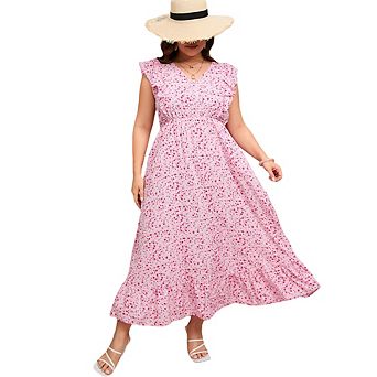 Plus Size Sleeveless Casual Summer Dress for Women Elegant Flounce Hem Flowy Maxi Dress with Pockets