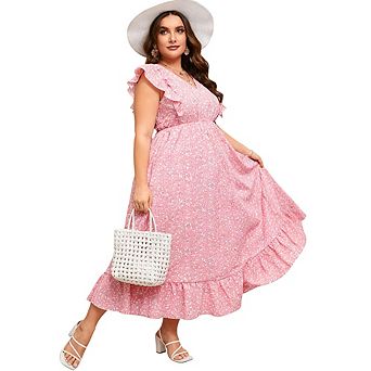 Plus Size Sleeveless Casual Summer Dress for Women Elegant Flounce Hem Flowy Maxi Dress with Pockets