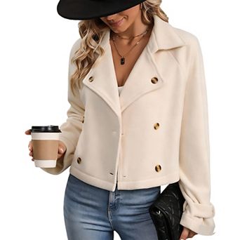 Women's Double Breasted Wool Blend Blazer Notch Lapel Short Cropped Jacket