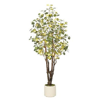 Artificial Eucalyptus Tree with Lights in White Planter, Large Faux Floor Plant for Home Office