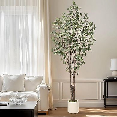 Artificial Eucalyptus Tree with Lights in White Planter, Large Faux Floor Plant for Home Office