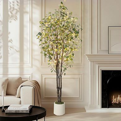 Artificial Eucalyptus Tree with Lights in White Planter, Large Faux Floor Plant for Home Office