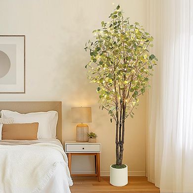 Artificial Eucalyptus Tree with Lights in White Planter, Large Faux Floor Plant for Home Office