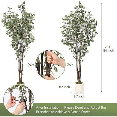 Artificial Eucalyptus Tree with Lights in White Planter, Large Faux Floor Plant for Home Office
