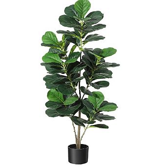 Artificial Fiddle Leaf Fig Tree, Faux Floor Plant in Black Planter for Indoor & Outdoor Home Decor