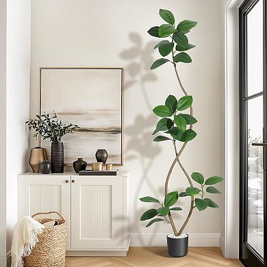 Artificial Rubber Tree in Sphere Resin Planter, Real Touch Tall Faux Floor Plant for Home Decor