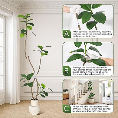 Artificial Rubber Tree in Sphere Resin Planter, Real Touch Tall Faux Floor Plant for Home Decor