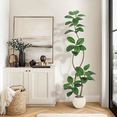 Artificial Rubber Tree in Sphere Resin Planter, Real Touch Tall Faux Floor Plant for Home Decor