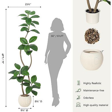 Artificial Rubber Tree in Sphere Resin Planter, Real Touch Tall Faux Floor Plant for Home Decor