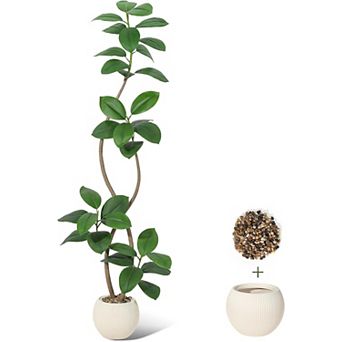 Artificial Rubber Tree in Sphere Resin Planter, Real Touch Tall Faux Floor Plant for Home Decor