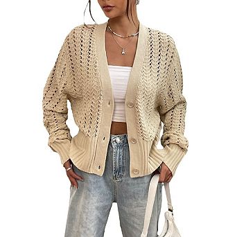 Women's Long Sleeve Button Down Knit Cardigan Openwork Crochet Open Front Sweater