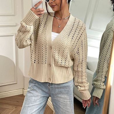 Women's Long Sleeve Button Down Knit Cardigan Openwork Crochet Open Front Sweater