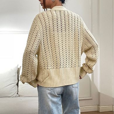 Women's Long Sleeve Button Down Knit Cardigan Openwork Crochet Open Front Sweater
