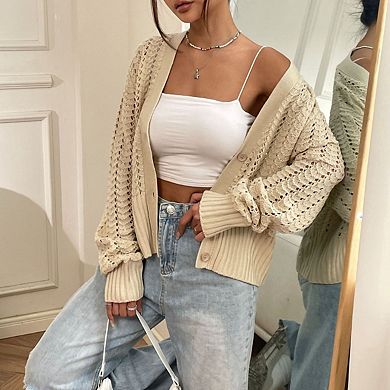 Women's Long Sleeve Button Down Knit Cardigan Openwork Crochet Open Front Sweater