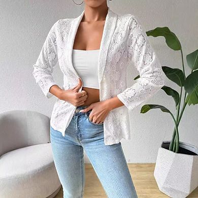 Women's Full Lace Blazer 3/4 Sleeve Notch Lapel Casual Jacket Cardigan