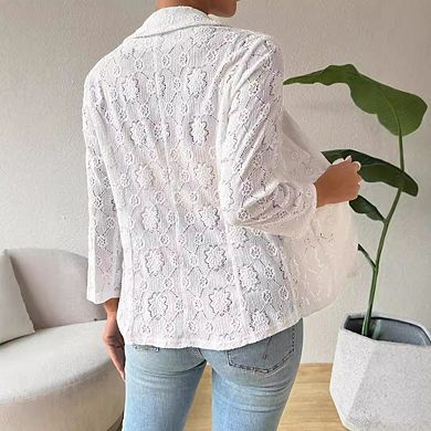 Women's Full Lace Blazer 3/4 Sleeve Notch Lapel Casual Jacket Cardigan