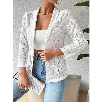 Women's Full Lace Blazer 3/4 Sleeve Notch Lapel Casual Jacket Cardigan