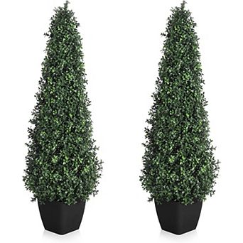 Artificial Boxwood Cone Topiary Tree Set of 2 in Black Planters for Outdoor & Indoor Decor