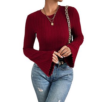 Women's Ribbed Knit Top Round Neck Flared Bell Sleeve T-Shirt Elegant Office Casual Blouse