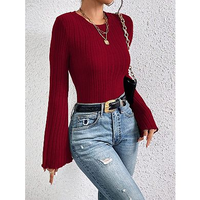 Women's Ribbed Knit Top Round Neck Flared Bell Sleeve T-Shirt Elegant Office Casual Blouse