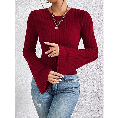 Women's Ribbed Knit Top Round Neck Flared Bell Sleeve T-Shirt Elegant Office Casual Blouse