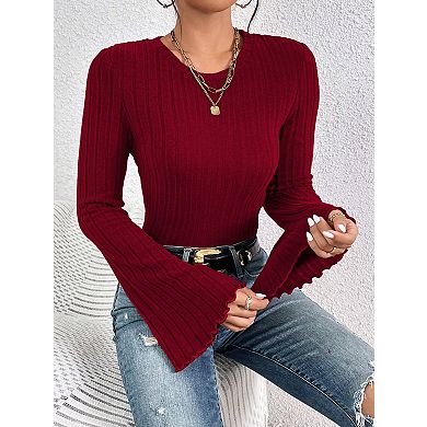 Women's Ribbed Knit Top Round Neck Flared Bell Sleeve T-Shirt Elegant Office Casual Blouse