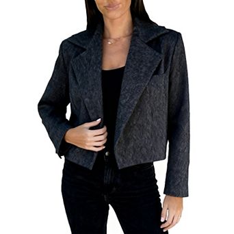 Women's Short Wool Blend Blazer Notch Lapel Long Sleeve Jacket with Subtle Textured Pattern