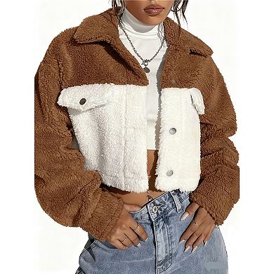 Women's Color-Block Plush Cropped Coat Drop Shoulder Oversized Winter Jacket
