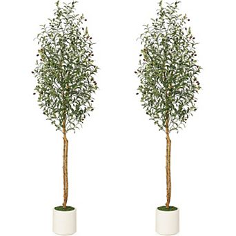Set of 2 Artificial Olive Trees with Natural Wood Trunk & Fruits in Planters, Faux Floor Plants