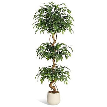 Artificial Ficus Tree with Curved Trunk in White Planter, 2 tier Faux Plant for Home/Office Decor