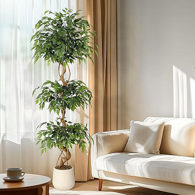Artificial Ficus Tree with Curved Trunk in White Planter, 2-Tier Faux Plant for Home/Office Decor