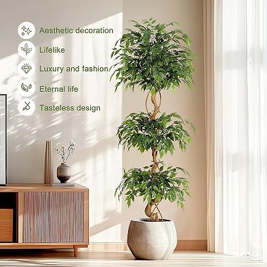 Artificial Ficus Tree with Curved Trunk in White Planter, 2-Tier Faux Plant for Home/Office Decor