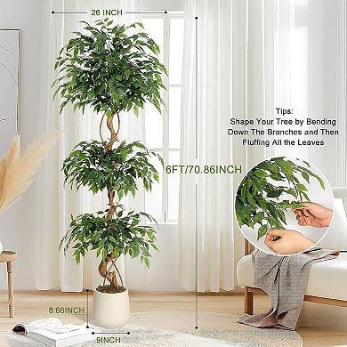 Artificial Ficus Tree with Curved Trunk in White Planter, 2-Tier Faux Plant for Home/Office Decor