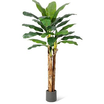 Artificial Banana Tree with Realistic Leaves in Gray Planter, Faux Plant for Home & Office Decor