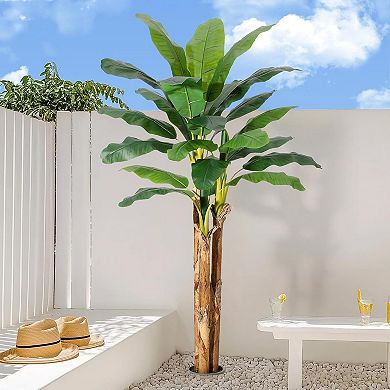 Artificial Banana Tree with Realistic Leaves in Gray Planter, Faux Plant for Home & Office Decor
