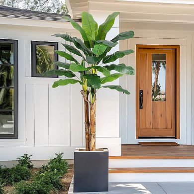 Artificial Banana Tree with Realistic Leaves in Gray Planter, Faux Plant for Home & Office Decor