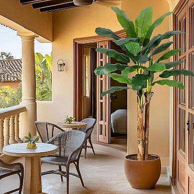 Artificial Banana Tree with Realistic Leaves in Gray Planter, Faux Plant for Home & Office Decor