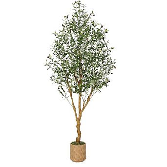 Tall Artificial Olive Tree w/ Fruits/Natural Wood Trunk in Planter,Faux Indoor Plant for Home/Office