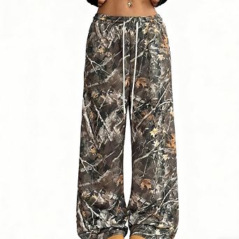 Camouflage Printed Wide Leg Trousers for Women Loose Fit Drawstring Waist Pants with Pockets