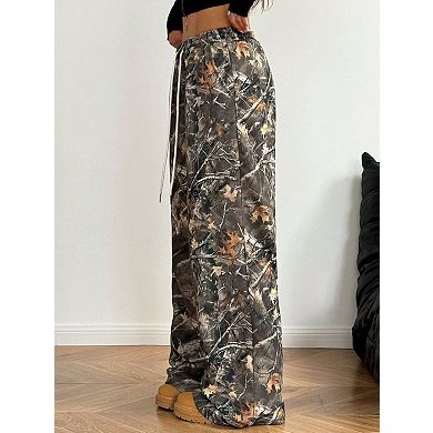 Camouflage Printed Wide Leg Trousers for Women Loose Fit Drawstring Waist Pants with Pockets