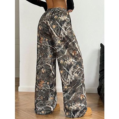Camouflage Printed Wide Leg Trousers for Women Loose Fit Drawstring Waist Pants with Pockets
