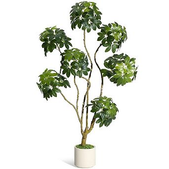 Artificial Schefflera Tree, Tall Faux Floor Plant in White Planter for Indoor Decor