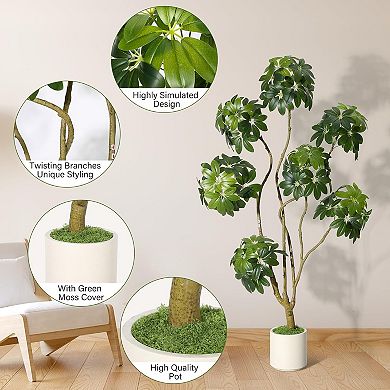 Artificial Schefflera Tree, Tall Faux Floor Plant in White Planter for Indoor Decor