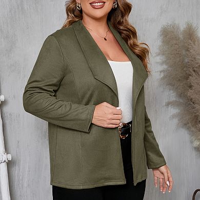 Plus Size Women's Suede Leather Jacket Long Sleeve Notched Lapel Blazer Style Coat