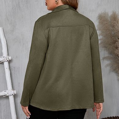 Plus Size Women's Suede Leather Jacket Long Sleeve Notched Lapel Blazer Style Coat