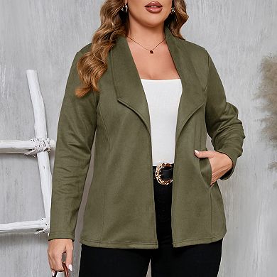 Plus Size Women's Suede Leather Jacket Long Sleeve Notched Lapel Blazer Style Coat