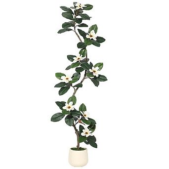 Artificial Rubber Tree w/ Magnolia Flowers in White Planter, Real Touch Faux Plant for Home&Office