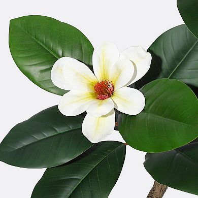 Artificial Rubber Tree w/ Magnolia Flowers in White Planter, Real Touch Faux Plant for Home&Office