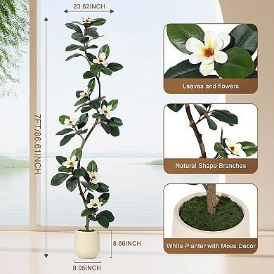 Artificial Rubber Tree w/ Magnolia Flowers in White Planter, Real Touch Faux Plant for Home&Office